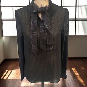 NWT Silvian Heach Sheer Blouse Semi Sheer Swiss Dot Tie Neck Black Size XS